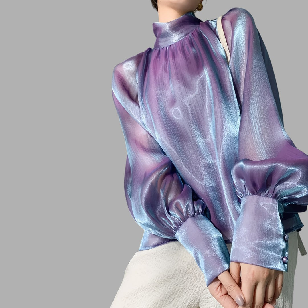 Elegant purple women's puff sleeve blouse top, perfect for chic workwear & sophisticated fashion.