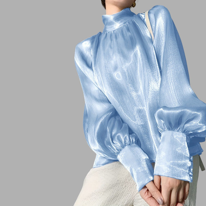 Silver puff sleeve blouse, an elegant women's top for chic workwear & versatile sophisticated fashion.