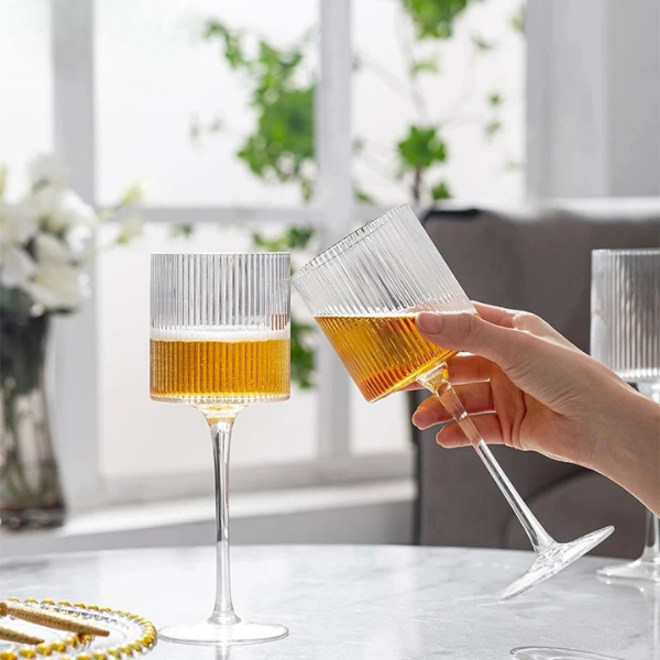 Clear ribbed glassware, perfect for stylish kitchen and home decor aesthetics.