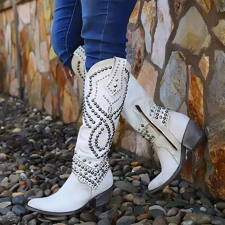 Brown Riloh Women's Orthopedic Knee-High Boots featuring a mid-block heel, pointed toe, and stylish design.