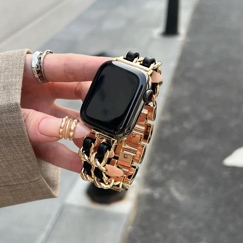 Elegant rose gold chain link smartwatch band, women's adjustable jewelry style accessory.