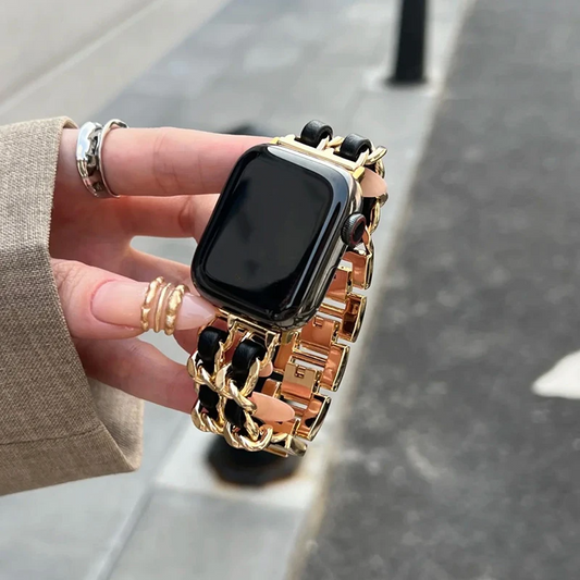 Elegant rose gold chain link smartwatch band, women's adjustable jewelry style accessory.