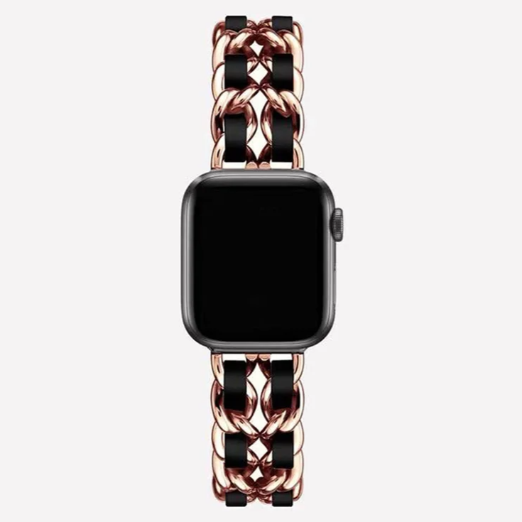 Elegant women's rose gold chain link smartwatch band, adjustable & stylish wristwear.
