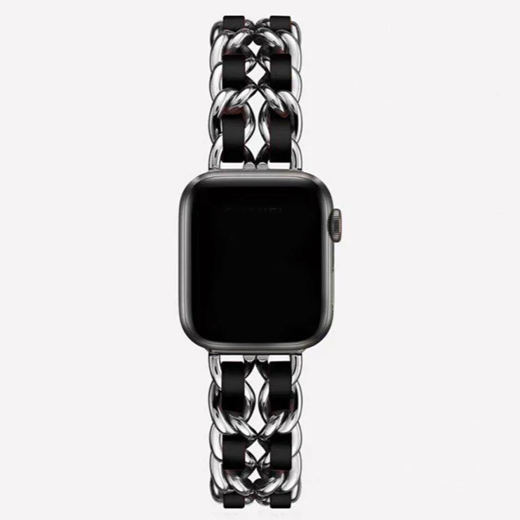 Women's silver chain link smartwatch band, a chic and adjustable fashion accessory.