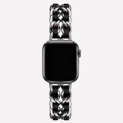 Women's silver chain link smartwatch band, a chic and adjustable fashion accessory.
