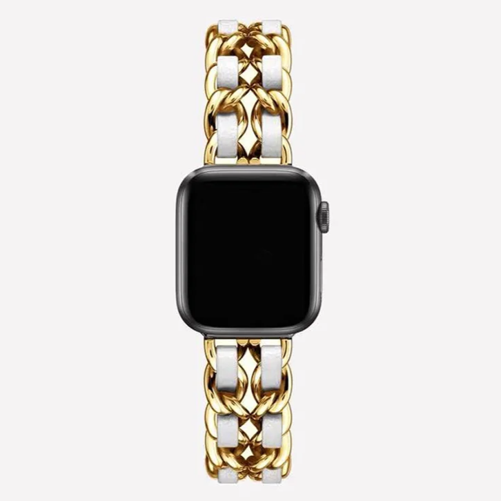 Gold chain link smartwatch band, elegant & adjustable women's jewelry-style wristband.
