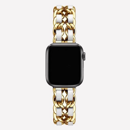 Gold chain link smartwatch band, elegant & adjustable women's jewelry-style wristband.