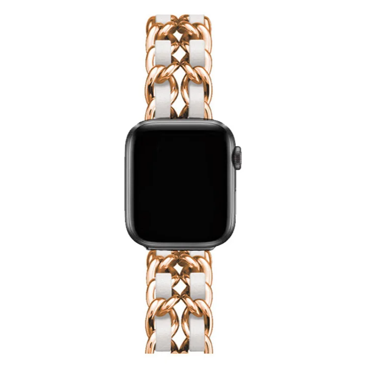 Rose gold chain link smartwatch band, women's elegant adjustable wrist accessory.