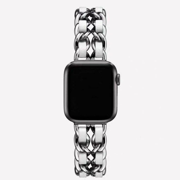 Women's fashion silver chain link smartwatch band, adjustable and elegant.