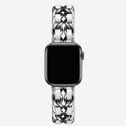 Women's fashion silver chain link smartwatch band, adjustable and elegant.