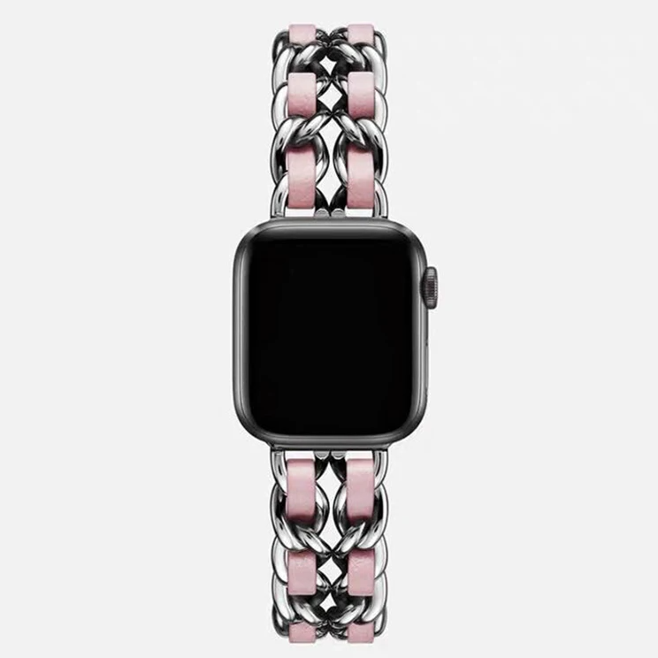 Adjustable rose gold chain link smartwatch band, women's elegant wrist fashion accessory.