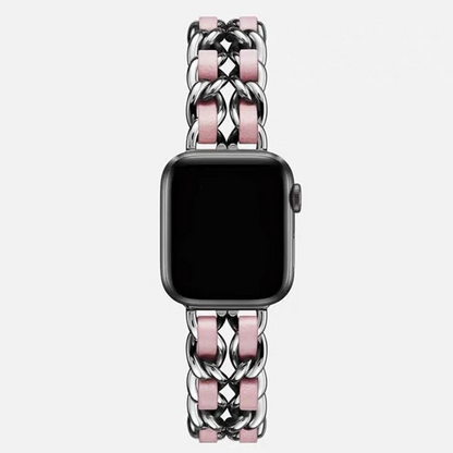 Adjustable rose gold chain link smartwatch band, women's elegant wrist fashion accessory.