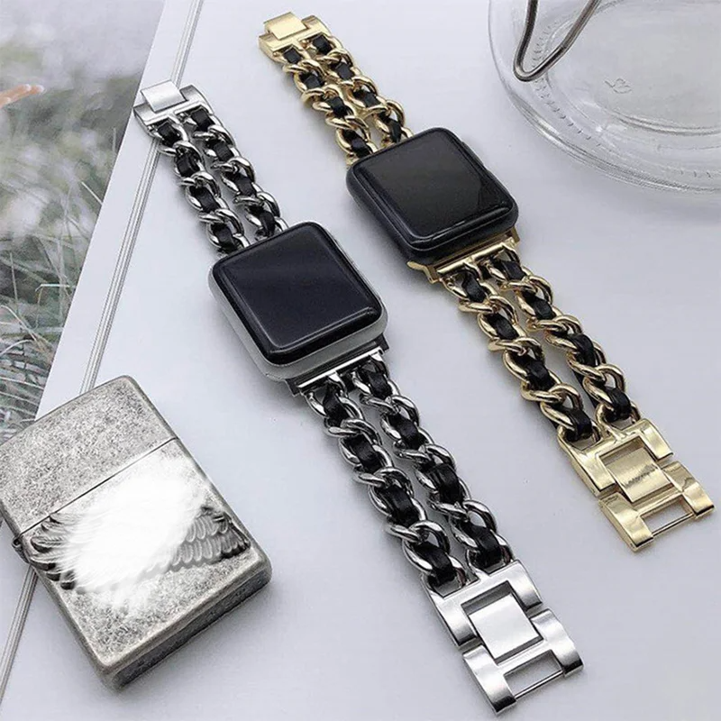 Women's elegant rose gold chain link smartwatch band, adjustable fit, fashion.