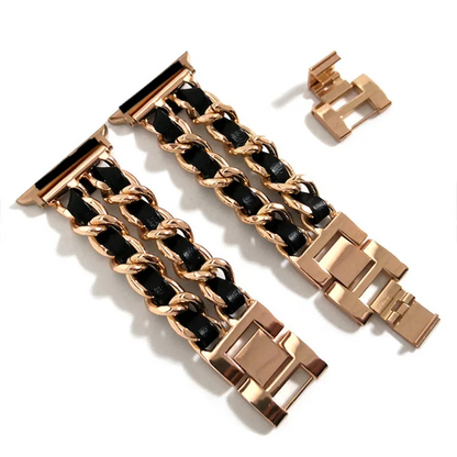 Adjustable silver chain link smartwatch band, women's stylish wrist accessory.