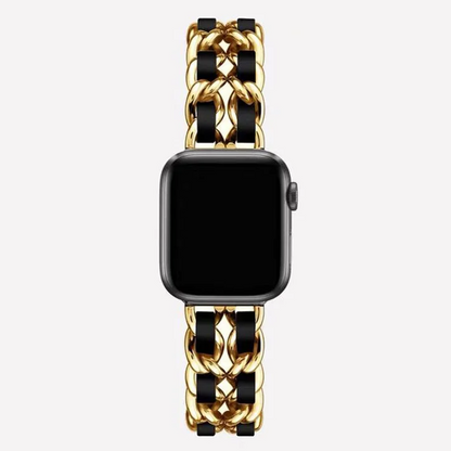 Gold chain link smartwatch band for women, elegant jewelry fashion accessory.