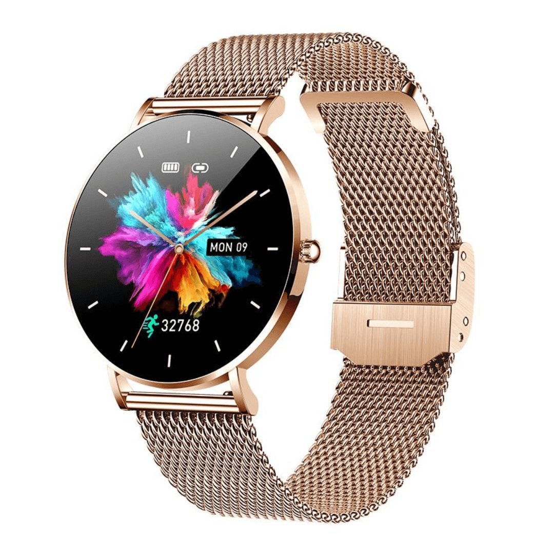 Elegant rose gold women's smartwatch, health & fitness tracker. Stylish digital watch for active women.