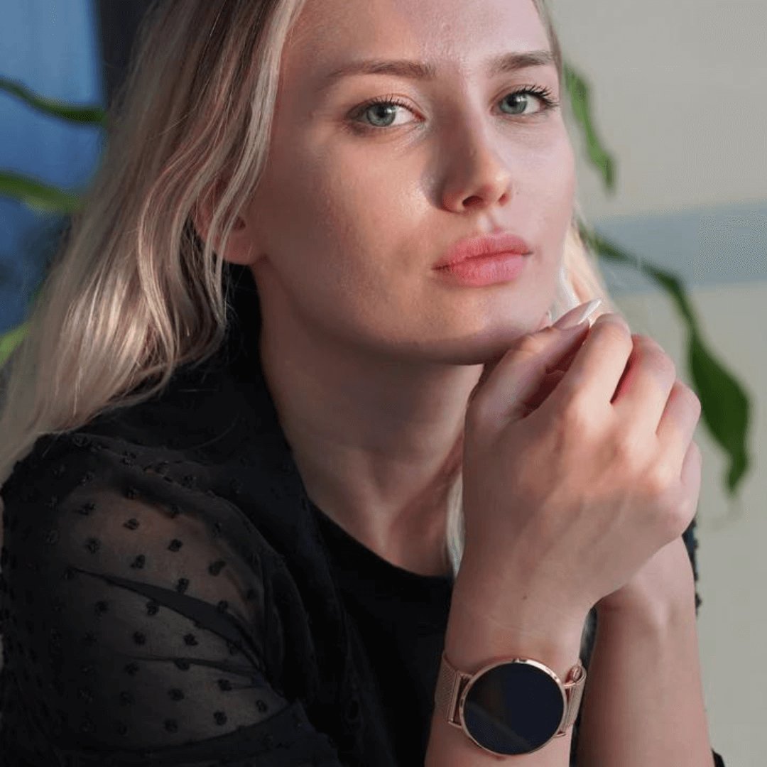 Elegant silver women's smartwatch, health tracker. Fitness watch & activity monitor for women.