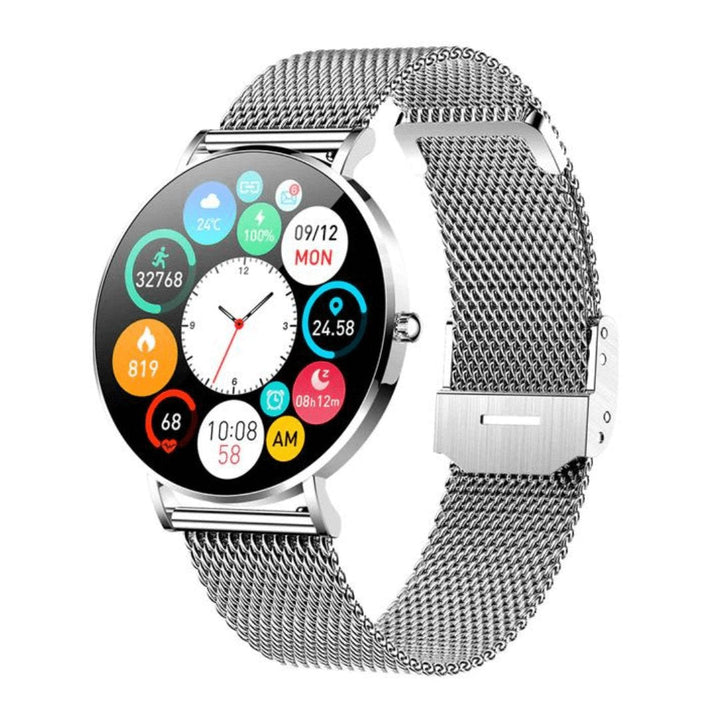 Multifunctional women's smartwatch, elegant rose gold. Health, fitness & activity tracking wearable.