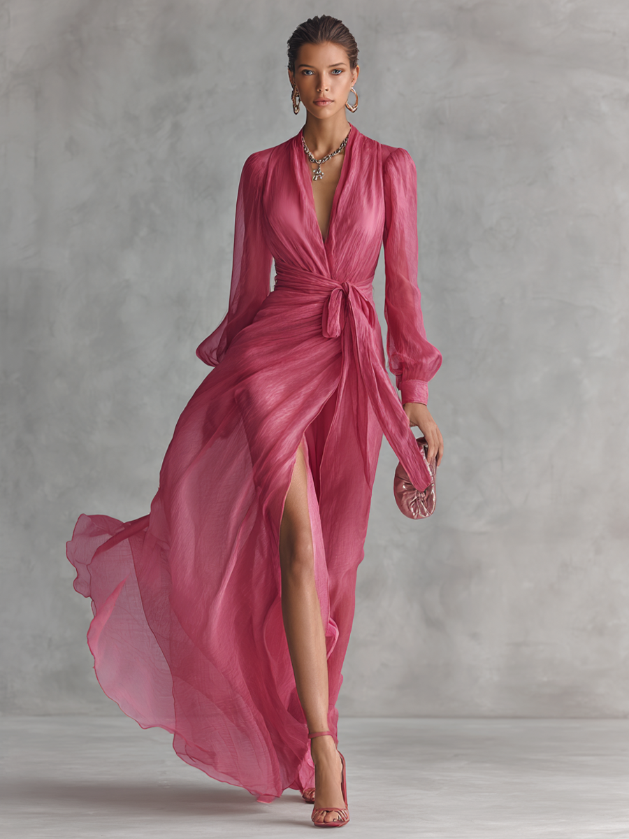 Women's long rose pink V-neck tie-waist maxi dress, ideal for parties, weddings, and formal occasion wear.