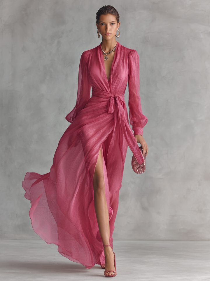 Women's long rose pink V-neck tie-waist maxi dress, ideal for parties, weddings, and formal occasion wear.