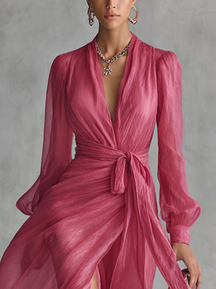 Stylish rose pink V-neck maxi dress for women with a flattering tie-waist, ideal elegant formal party wear.