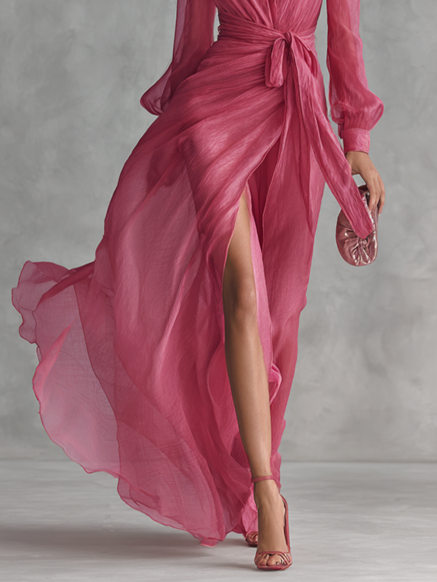 Rose pink elegant V-neck long maxi dress for women, featuring a chic tie-waist, suitable for any special event.