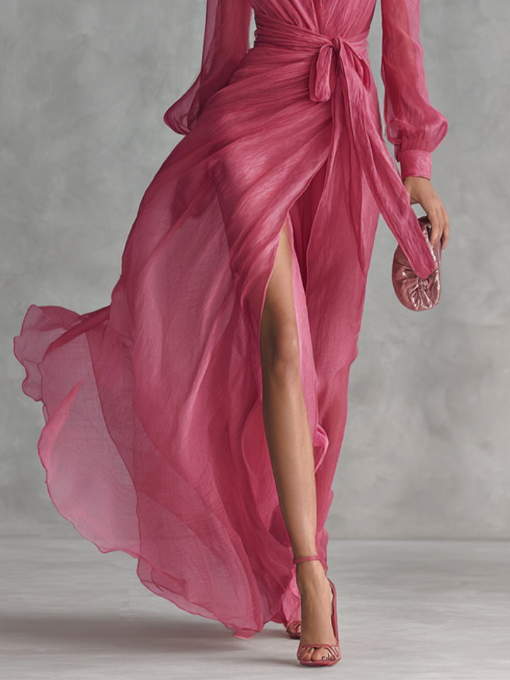 Rose pink elegant V-neck long maxi dress for women, featuring a chic tie-waist, suitable for any special event.