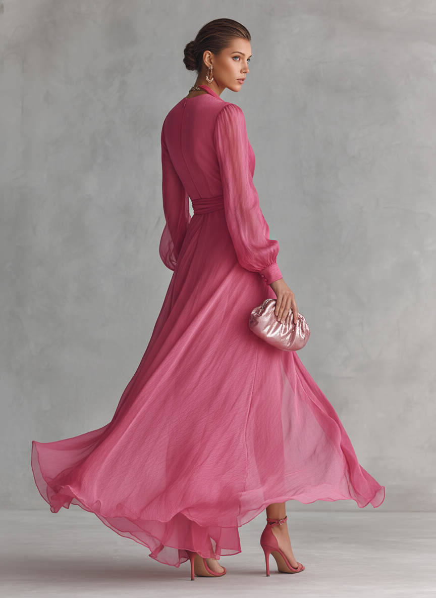 Sophisticated women's rose pink V-neck tie-waist maxi dress, a stunning formal long gown for special occasions.