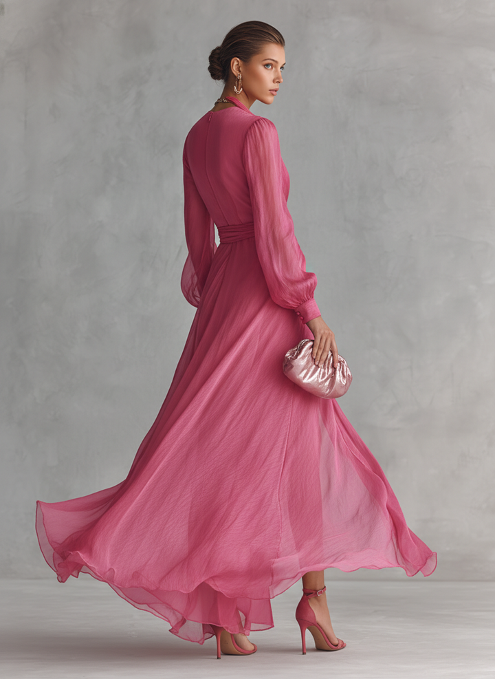 Sophisticated women's rose pink V-neck tie-waist maxi dress, a stunning formal long gown for special occasions.