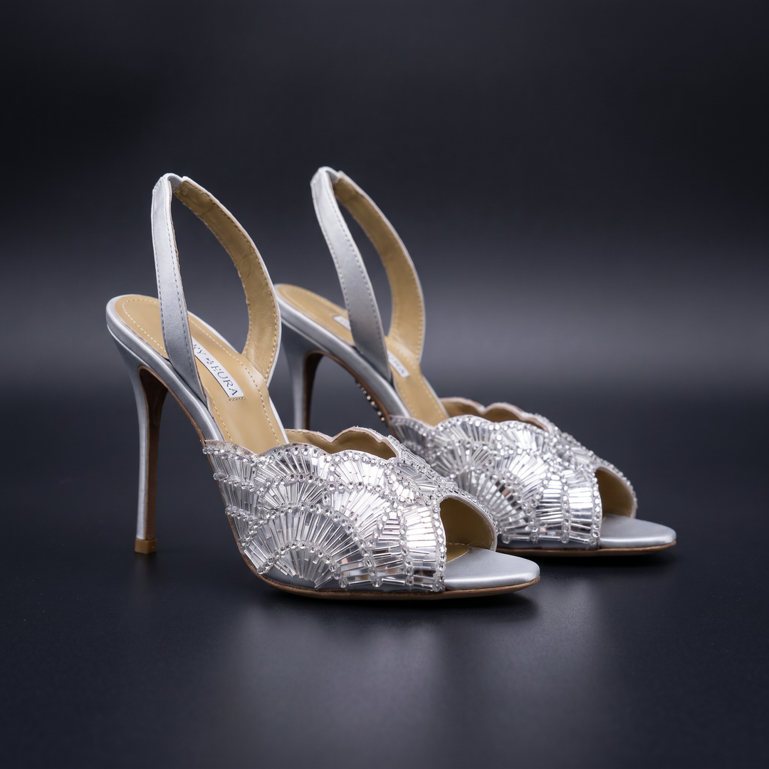 Elegant women's party stiletto heels, rose red, stunning peacock embellishments.