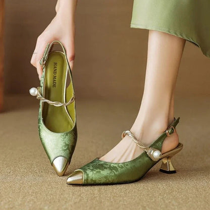 Elegant Savana kitten heels for women, low heel dress shoes with pointed toe and pearl accents. Perfect for formal wear.