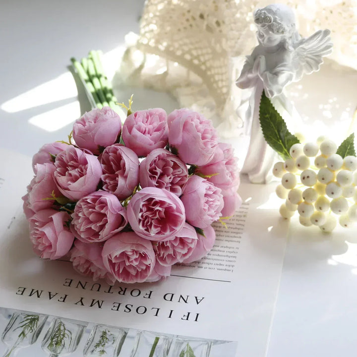 Realistic artificial peony bridal bouquet, ideal for a beautiful and lasting wedding day centerpiece.