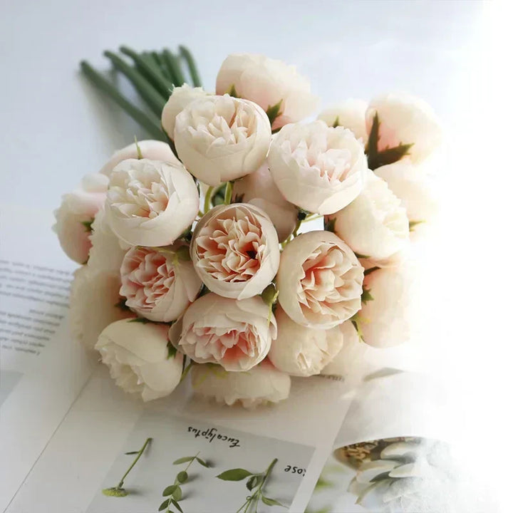 Vibrant artificial peony bouquet, ideal for bridal showers, reception tables, or year-round home floral decor.