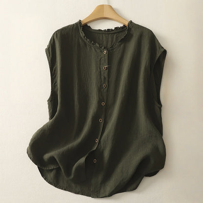 Minimalist elegant sleeveless blouse cardigan for women. Smooth fabric, ideal for spring fashion & workwear.