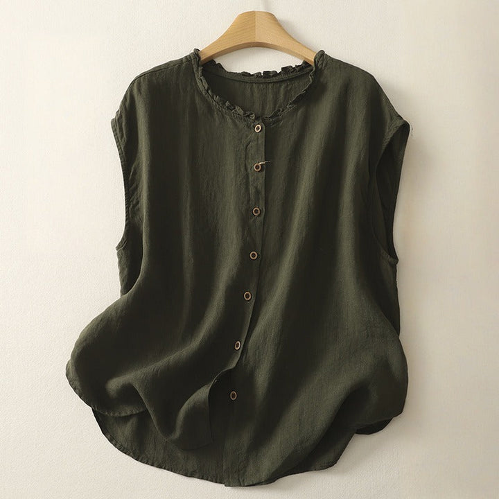 Minimalist elegant sleeveless blouse cardigan for women. Smooth fabric, ideal for spring fashion & workwear.