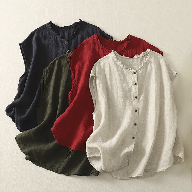 Chic women's sleeveless blouse cardigan, elegant & minimalist. Essential top for versatile spring/summer fashion.