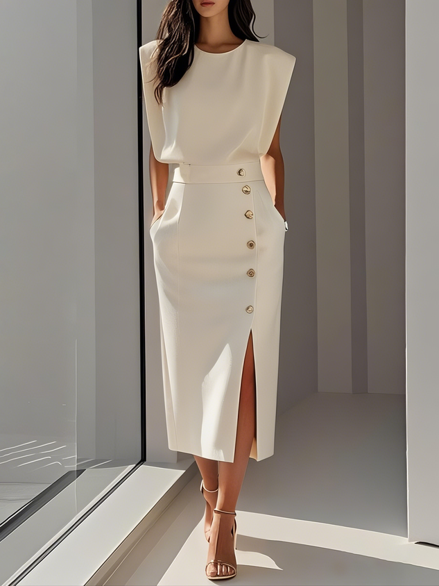 Elegant sleeveless midi dress with gold button detail & side slit for women.