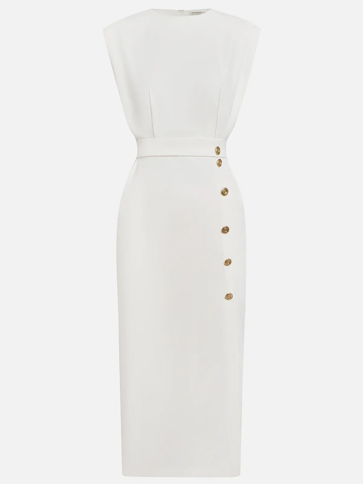 Women's cocktail sleeveless midi dress, featuring a refined gold button closure & elegant leg slit.