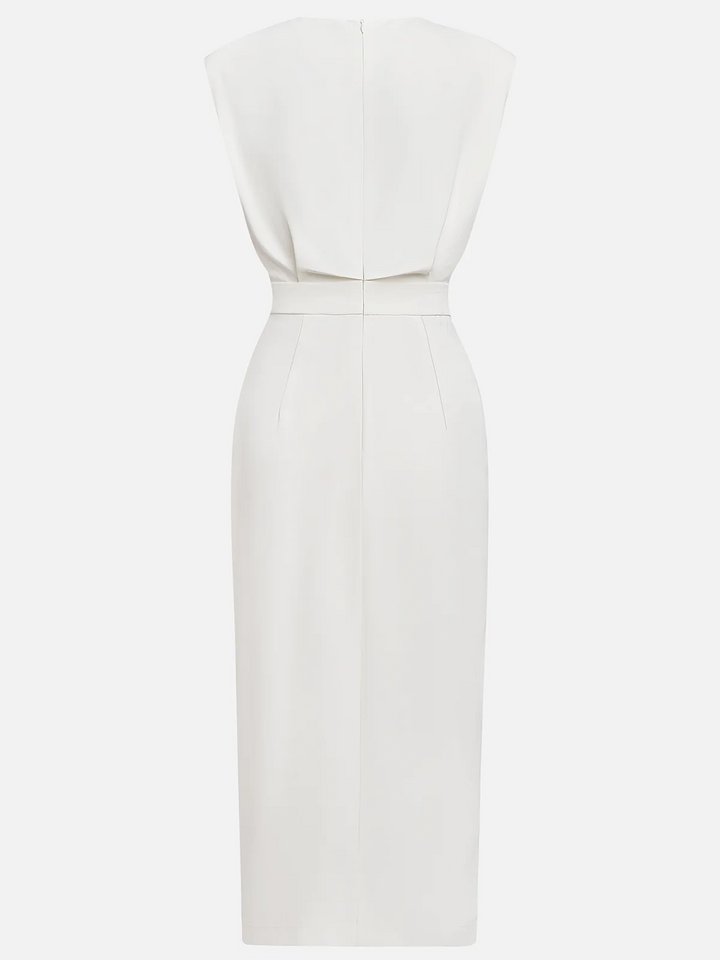 Elegant women's sleeveless midi dress with unique gold button accent, perfect for formal events.