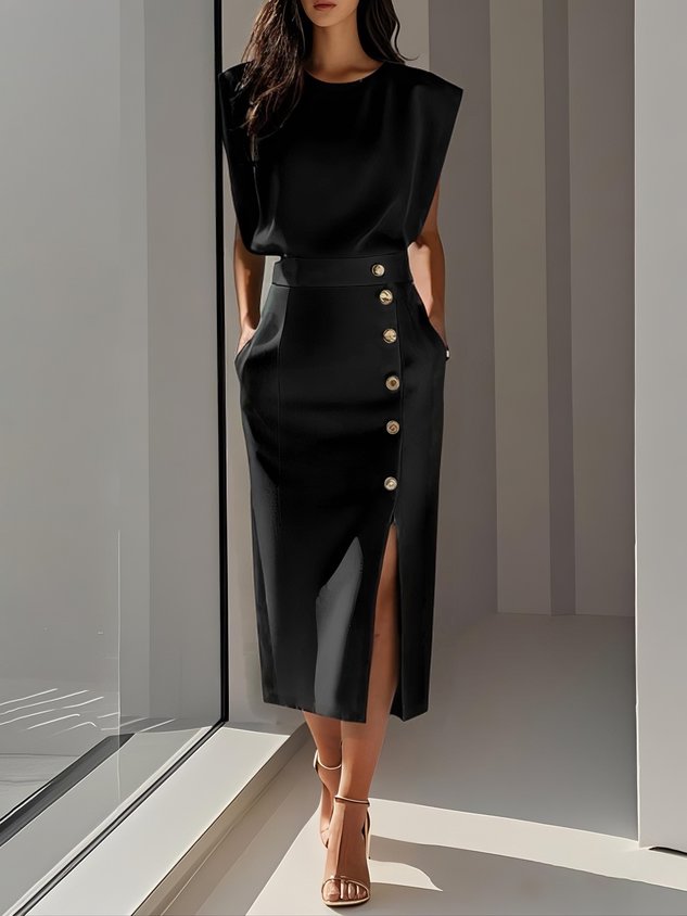 Sophisticated women's tailored midi dress, sleeveless, with stylish gold buttons & side slit.