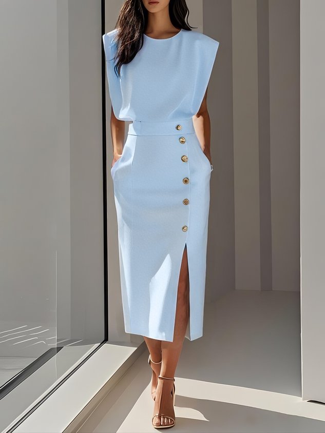 Women's elegant sleeveless midi dress for evening wear, featuring a chic gold button & leg slit.