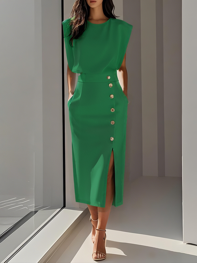 Formal women's sleeveless midi dress, perfect for office or cocktail, with a decorative gold button.