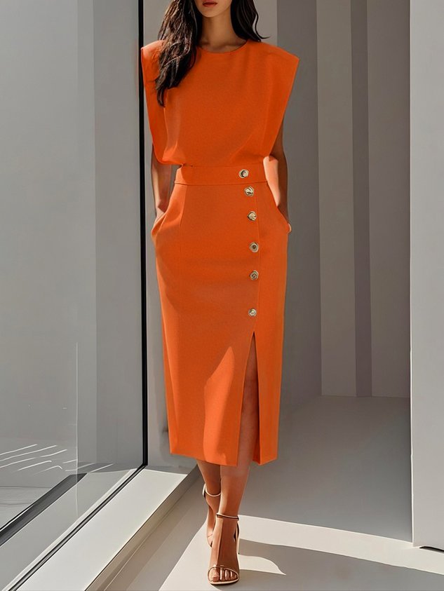 Front view: women's sophisticated sleeveless midi dress, gold buttons, ideal for special occasions.