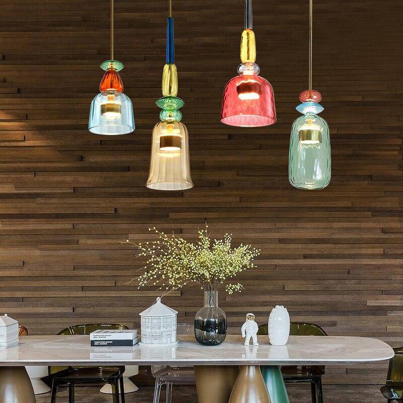 Modern Sofia ceiling lamp with vibrant colored glass, enhancing kitchen and home decor.