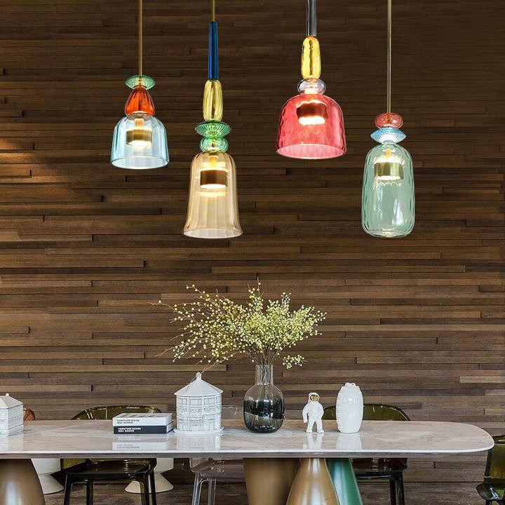 Modern Sofia ceiling lamp with vibrant colored glass, enhancing kitchen and home decor.