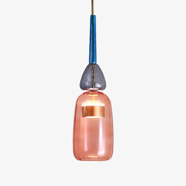 Contemporary colored glass pendant light, energy-efficient LED for stylish kitchens.