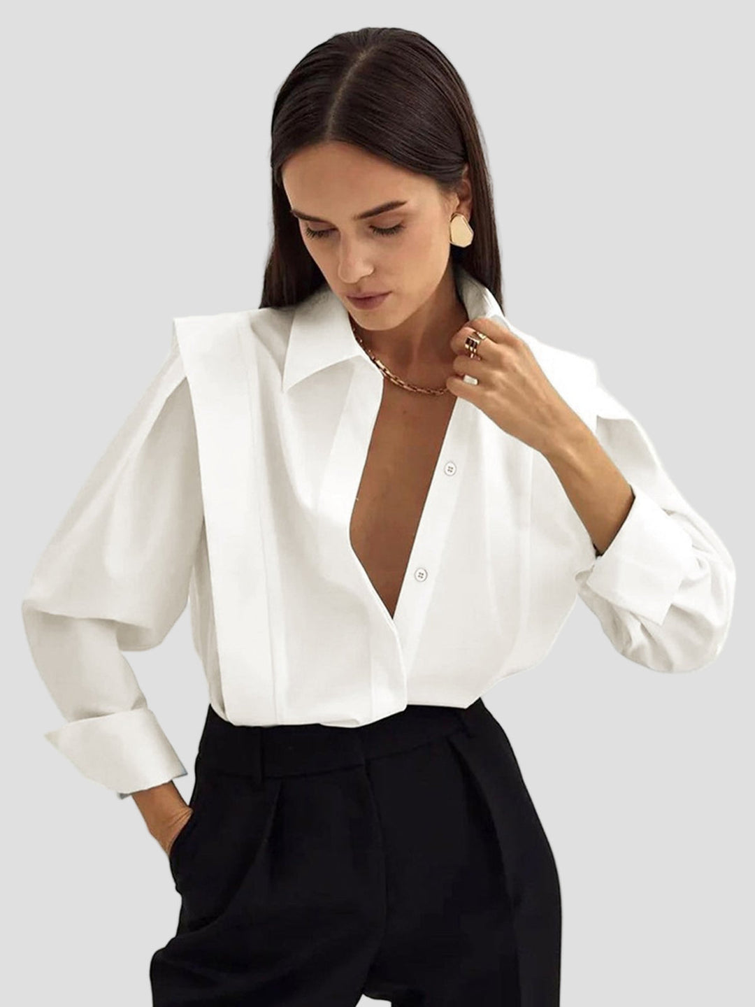 Elegant square neck button down shirt for women, perfect for work or casual chic.