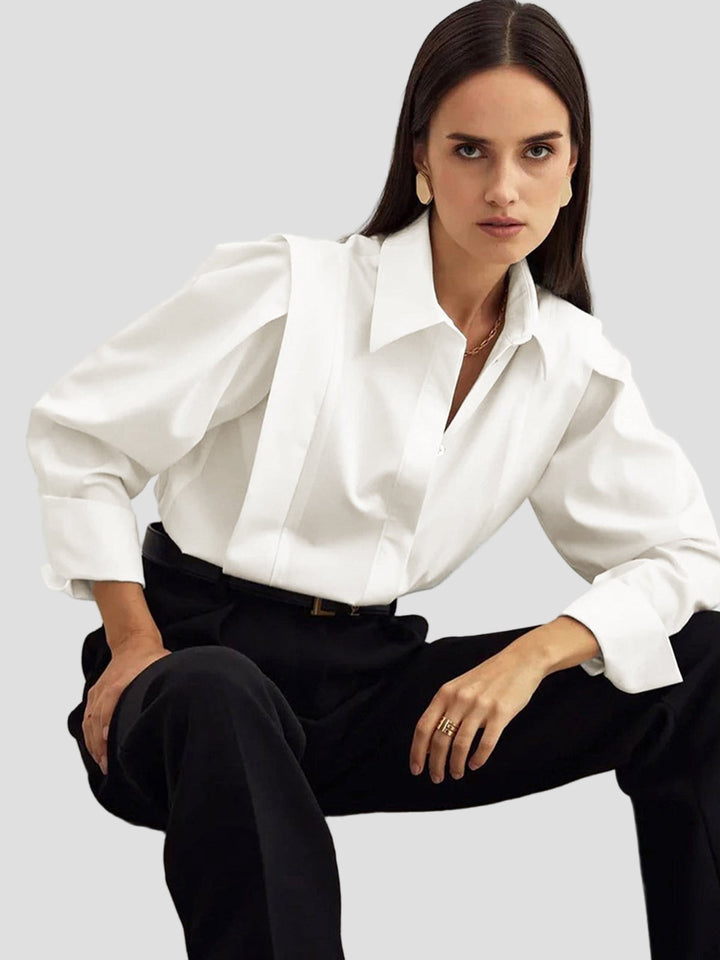 Classic button down shirt for ladies, featuring an elegant square neckline and long sleeves.
