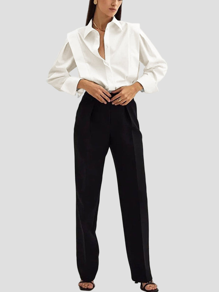 Stylish women's workwear top: sophisticated square neck, button down, long sleeve blouse.