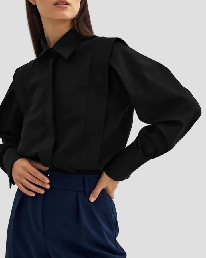 Everyday wear women's shirt: elegant square neck, button down, long sleeve top for ladies.